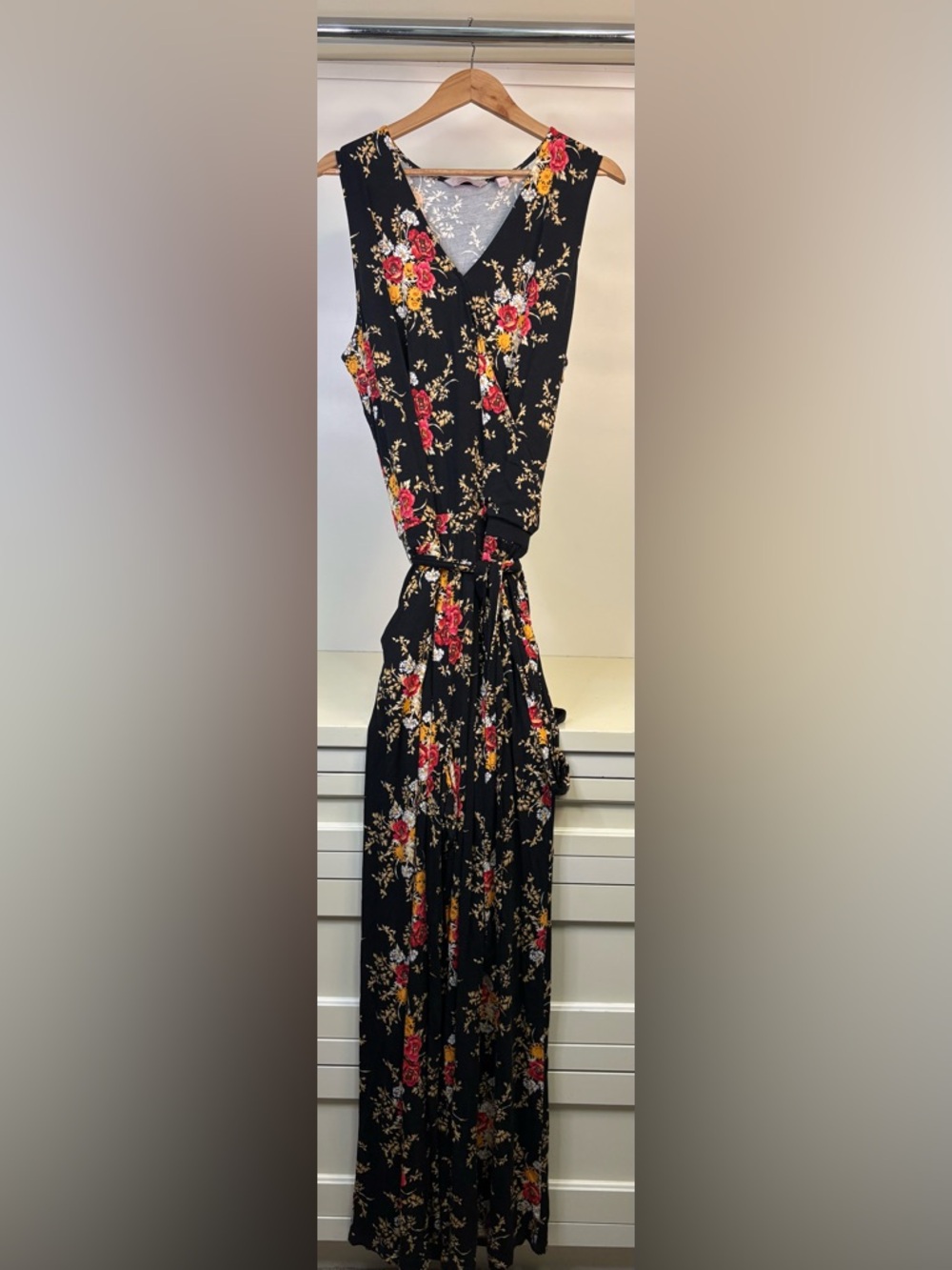 NWOT Laurie Felt Black Floral Jumpsuit with Red & Yellow Blooms